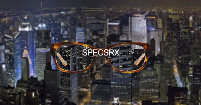 'SPECSRX' logo on top of a pair of glasses that are photoshopped on top of an aerial view of NYC